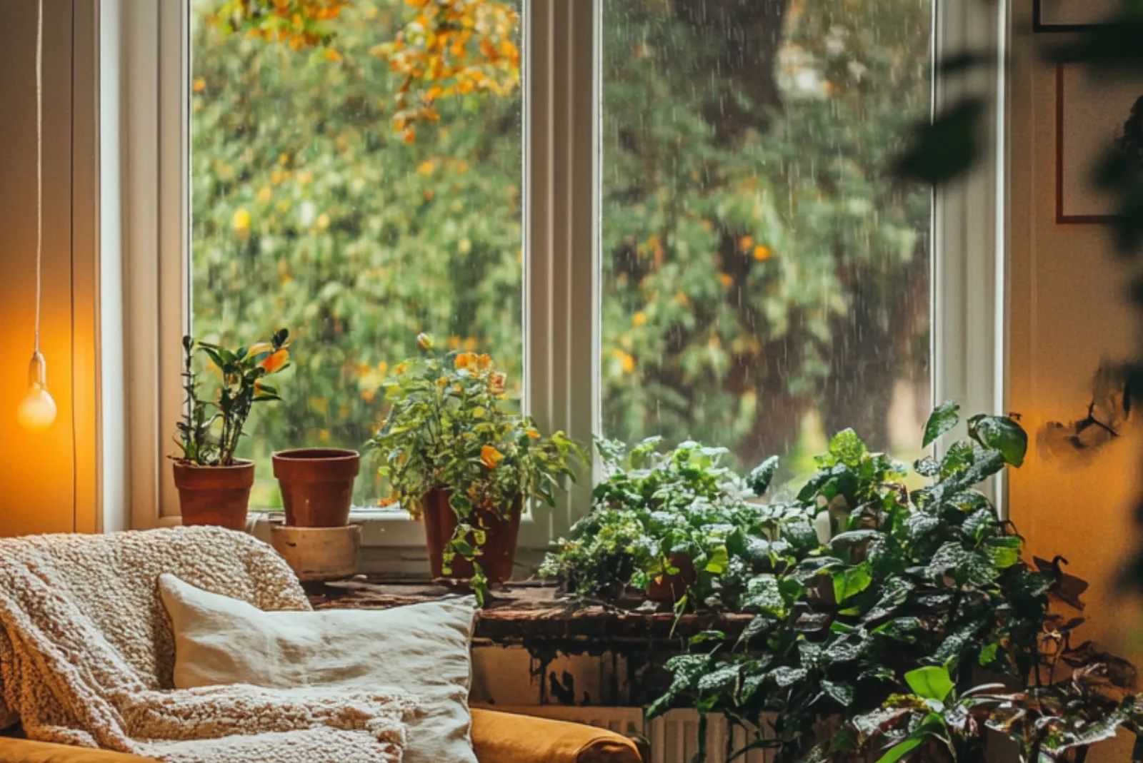 Gemütliche Ecke am Fenster mit Zimmerpflanzen, draußen Regen und herbstlich gefärbte Bäume