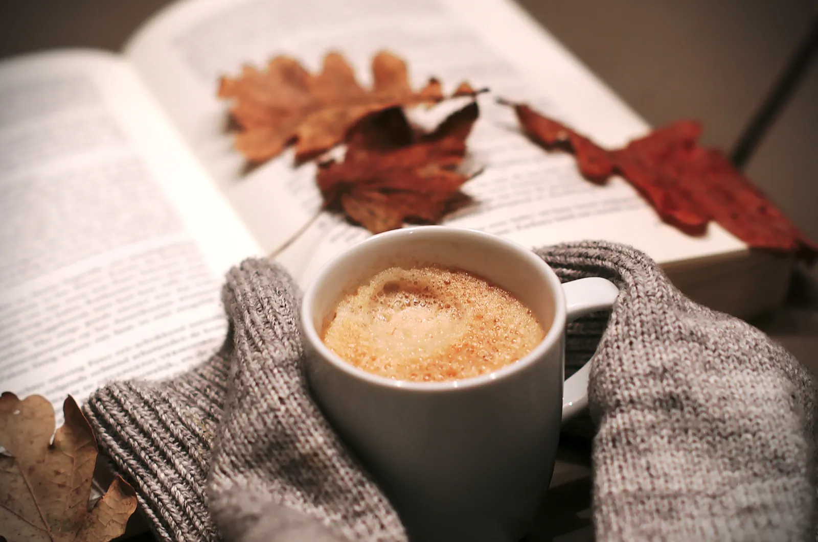 Tasse Milchkaffee zwischen grauen Wollsocken auf einem aufgeschlagenen Buch mit Herbstlaub